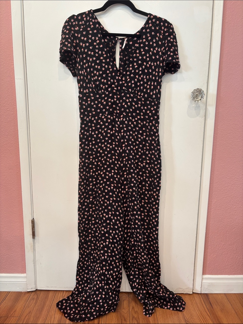 Free People Black Maxi Romper with Pink Floral Print